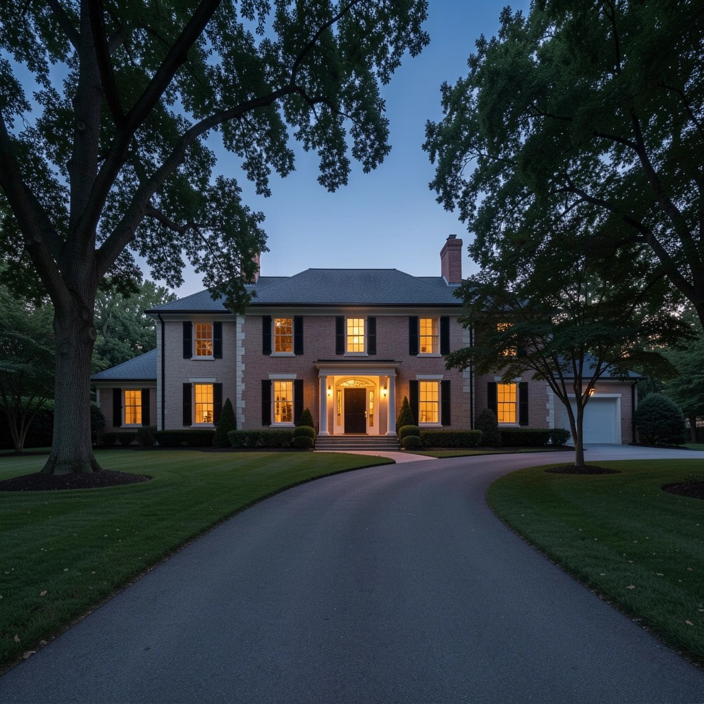 A well-kept residential property at dusk
